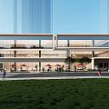 Modern Sales Office Building With Glass Curtain Walls Green Lawn And Pedestrians