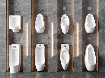 Contemporary White Urinals on Gray Stone Walls with Illuminated Light Strips 3d model