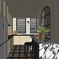 Kitchen With Marble Countertop Black Framed Glass Partition White Flower Bouquet And Brass Handle Cabinets