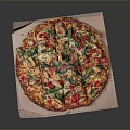 Delicious Pizza Topped With Chicken Red Bell Peppers And Spinach In Cardboard Box