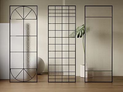 Stylish Room Dividers With Various Geometric Patterns Metal Frames Green Plant And Wooden Floor 3d model