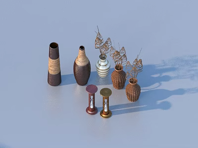 Decorative Household Items Featuring Woven Vases Striped Ceramic Jars And Metal Hourglasses 3d model