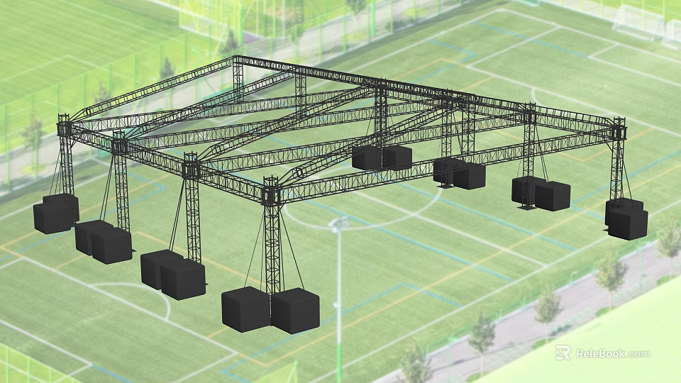 Outdoor Metal Truss Structure With Hanging Black Equipment On Sports Field 3d model 
