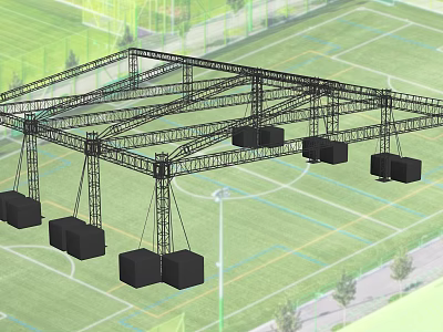 Outdoor Metal Truss Structure With Hanging Black Equipment On Sports Field 3d model