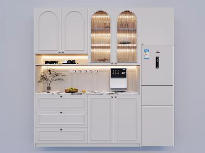 White Modern Kitchen Wine Cabinet with Glass Doors LED Lighting and Countertop Drawers 3d model