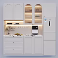 White Modern Kitchen Wine Cabinet with Glass Doors LED Lighting and Countertop Drawers