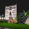 Outdoor Display Scene of Black Buckwheat Wine with Tent Green Plants and Wooden Crates