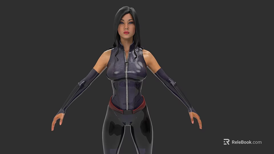 Woman In Sleeveless Tight Suit 3D Model With Red Belt Long Gloves Posing Arms Outstretched 3d model 