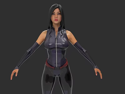 Woman In Sleeveless Tight Suit 3D Model With Red Belt Long Gloves Posing Arms Outstretched 3d model