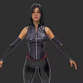 Woman In Sleeveless Tight Suit 3D Model With Red Belt Long Gloves Posing Arms Outstretched