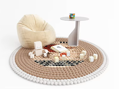Cozy Bean Bag Chair with Round Braided Rug Side Table Books and Building Blocks 3d model
