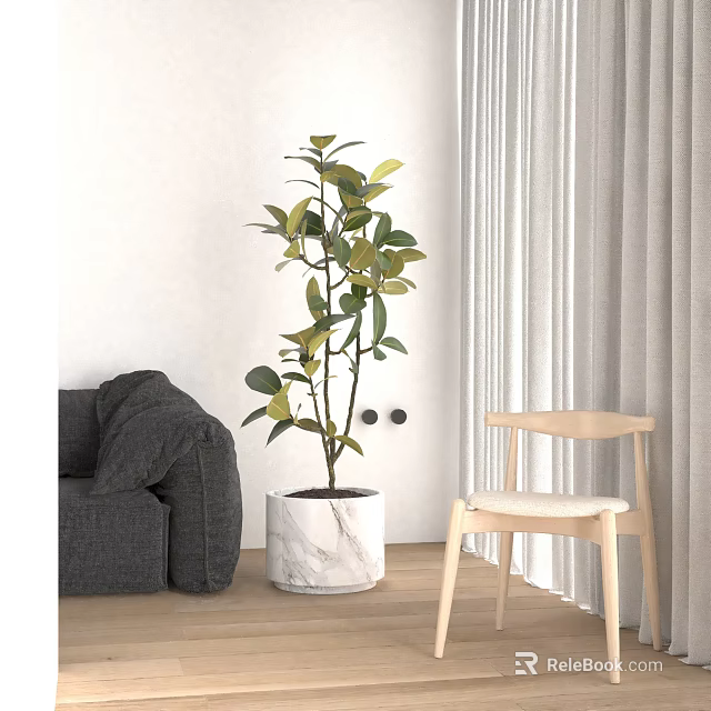 Potted Bonsai Plant in White Marble Pot with Grey Sofa and Wooden Chair Indoor Room 3d model 
