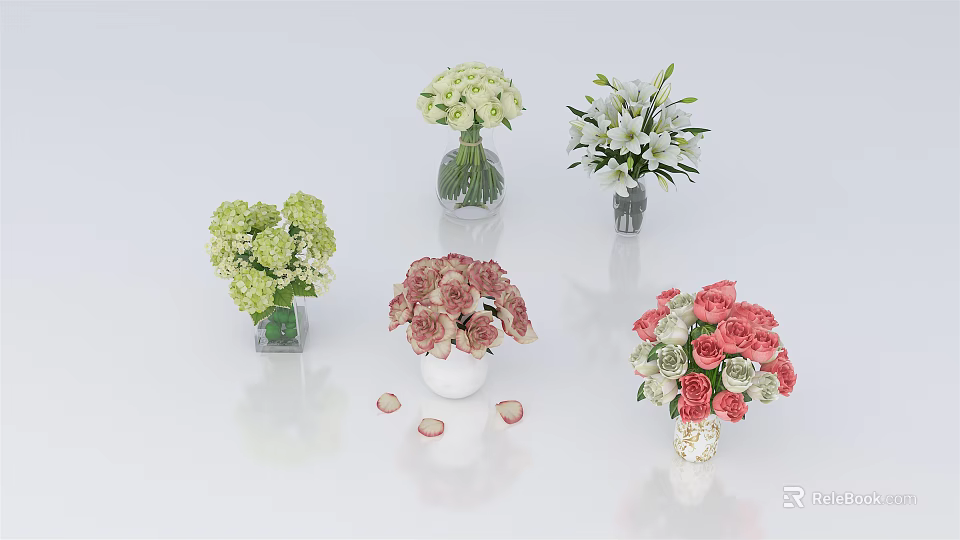 Colorful Vase Flowers with Hydrangea Lily Roses in Glass Ceramic Vases and Scattered Petals 3d model 