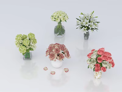 Colorful Vase Flowers with Hydrangea Lily Roses in Glass Ceramic Vases and Scattered Petals 3d model
