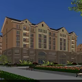 Classical Beige Residential Building With Multi story Windows Landscaped Gardens Walking Paths And Benches