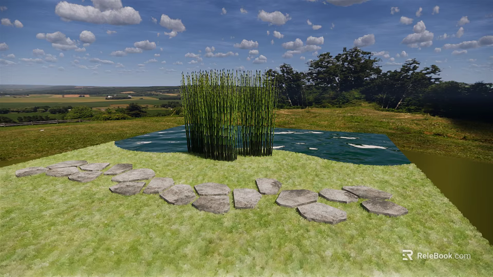 Tall Green Grasses In Central Pond With Stone Path And Scenic Grassland View 3d model 