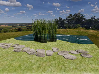 Tall Green Grasses In Central Pond With Stone Path And Scenic Grassland View 3d model