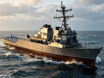 Warship Sailing On Open Ocean With Gray Red Hull Number 78 And Ocean Waves 3d model