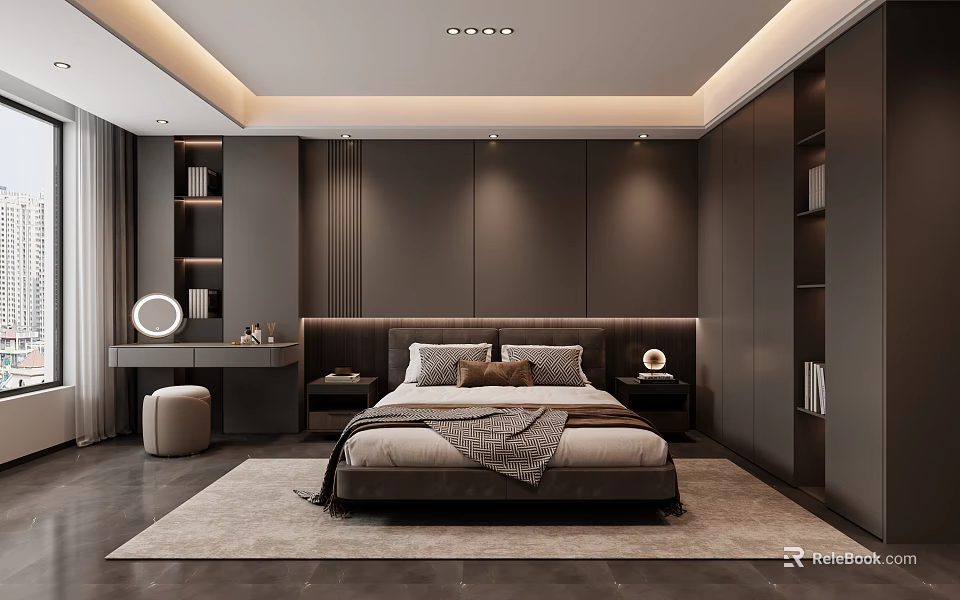 Modern Bedroom Interior Design With Large Bed Dark Walls Rug And Recessed Lighting 3d model 