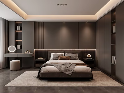 Modern Bedroom Interior Design With Large Bed Dark Walls Rug And Recessed Lighting 3d model