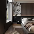 Modern Bedroom Interior With Dark Tones Bed Wardrobe Nightstand Chair And Rug
