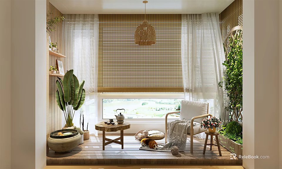Cozy Home Balcony Design With Bamboo Blinds Green Plants And Rattan Pendant Light 3d model 