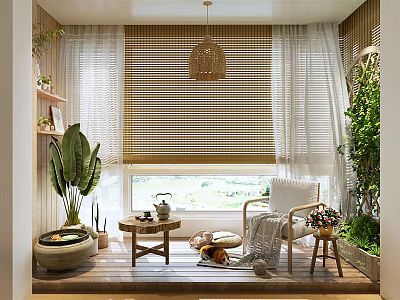 Cozy Home Balcony Design With Bamboo Blinds Green Plants And Rattan Pendant Light 3d model