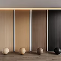Wooden Wall Panels In Various Colors With Decorative Spheres On Wooden Floor And White Background