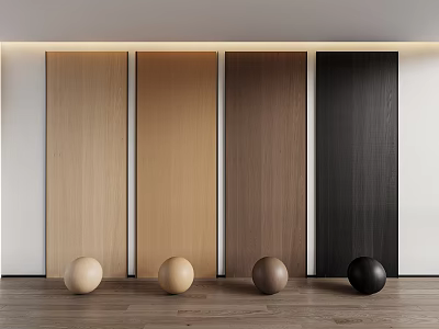 Wooden Wall Panels In Various Colors With Decorative Spheres On Wooden Floor And White Background 3d model