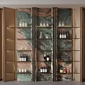 Elegant Modern Wine Cabinet With Marble Backdrop Metal Frame Glass Shelves And Wine Bottles