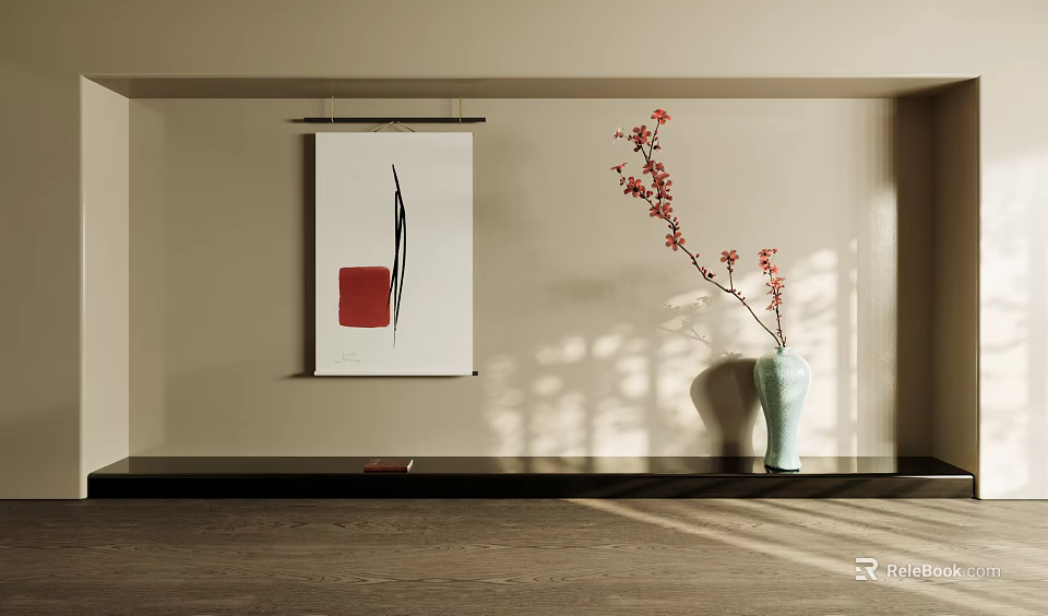 Decorative Ornament Set Featuring Minimalist Painting Green Vase And Red Flowering Branch With Sunlight Shadow 3d model 