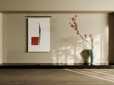 Decorative Ornament Set Featuring Minimalist Painting Green Vase And Red Flowering Branch With Sunlight Shadow 3d model