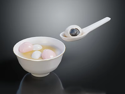 Traditional Chinese Tangyuan in White Bowl with Soup Pink White and Black Balls and Spoon 3d model