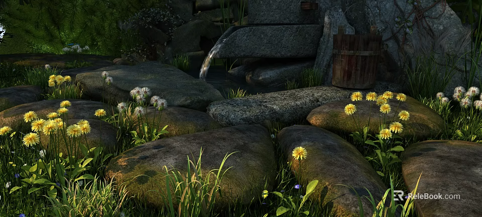 Natural Stone And Wood Landscape With Flowing Water Yellow Flowers White Blooms And Green Grass 3d model 