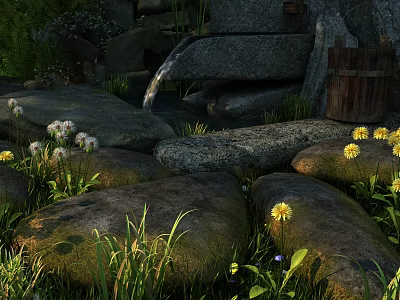 Natural Stone And Wood Landscape With Flowing Water Yellow Flowers White Blooms And Green Grass 3d model