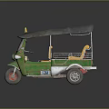 Vintage Green Tuk Tuk with Yellow Taxi Sign Black Roof and Red Green Striped Seats