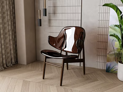Modern Leisure Chair With Unique Design And Wooden Frame In Indoor Space With Green Plant 3d model