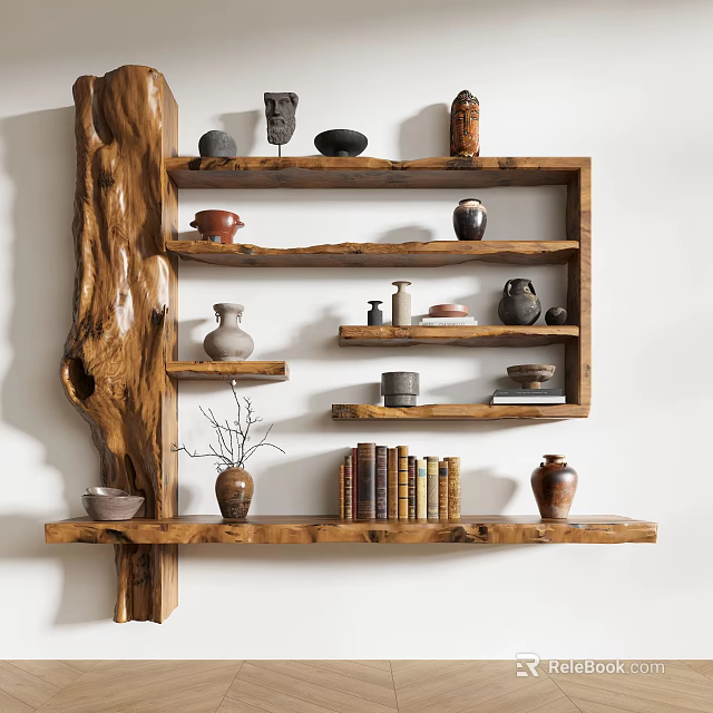 Wooden Wall Shelving Unit with Vases Books Decorative Pottery and Ornaments 3d model 