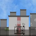 Traditional Chinese Architectural Scene With Eaves Screens Calligraphy Table And Potted Plant