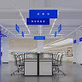 Modern Retail Store Interior Design With Blue Signage Counter And Chairs Layout