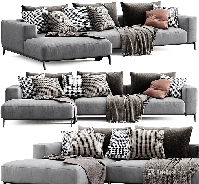 Cozy Gray Sectional Sofa With Plaid Pattern Pillows And Soft Blanket 3d model