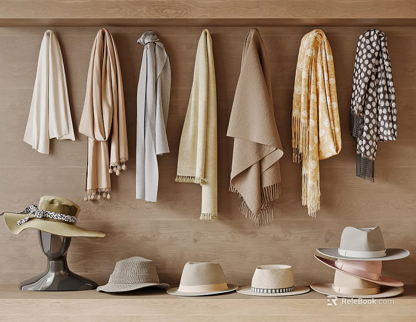 Daily Laundry Items Including Colorful Scarves And Hats Hanging On Wooden Wall 3d model 