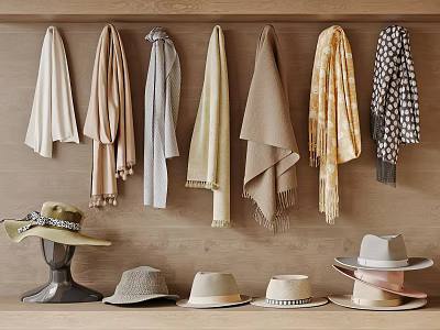 Daily Laundry Items Including Colorful Scarves And Hats Hanging On Wooden Wall 3d model