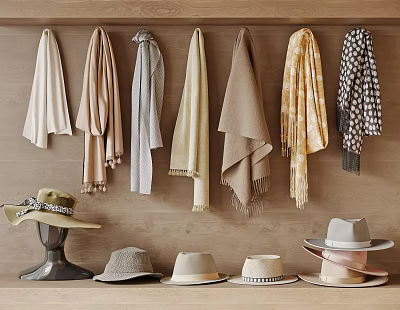 Daily Laundry Items Including Colorful Scarves And Hats Hanging On Wooden Wall 3d model