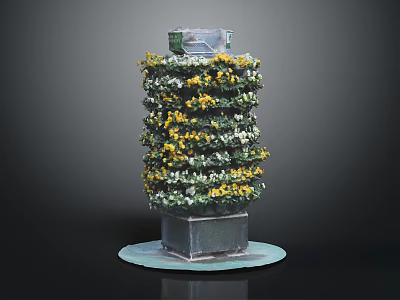 Layered Vertical Plant Tower with Yellow White Flowers and Metal Base Structure 3d model
