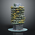 Layered Vertical Plant Tower with Yellow White Flowers and Metal Base Structure
