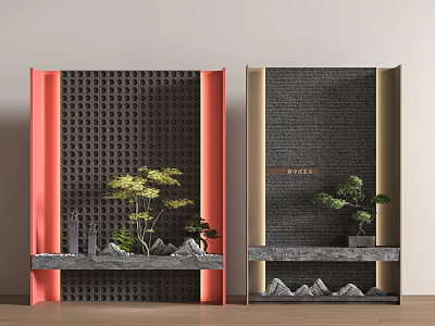 Modern Wall Decor With Red Frame Grid Design And Gray Texture Plants On Shelf 3d model