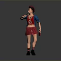 Woman with red hair wearing blue cardigan and red patterned skirt holding microphone and bottle