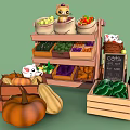 Cute Cats Around Colorful Vegetable Fruit Market Stall With Wooden Shelves Crates And Chalkboard