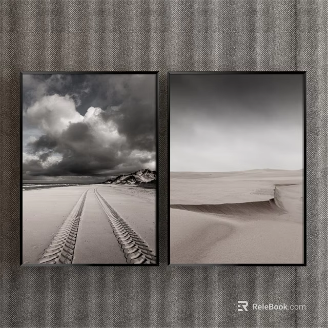 Two Black and White Landscape Paintings with Cloudy Sky Beach Tire Tracks and Sand Dunes 3d model 